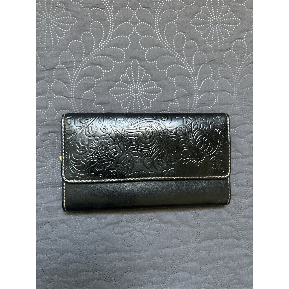 Vintage NINE WEST Floral Embossed Wallet Black Cottagecore Boho Cowgirl Grandma